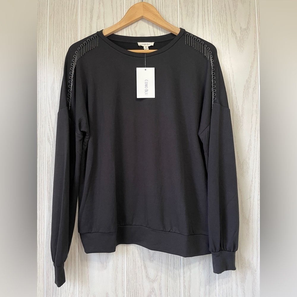 Como Blu Black Sweatshirt with beaded fringe details, Size Large